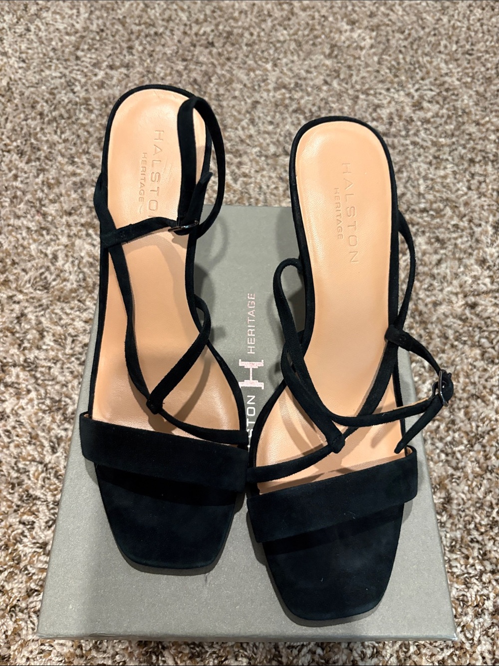 Halston Heritage Black Suede Strappy Square-Toe Sandals